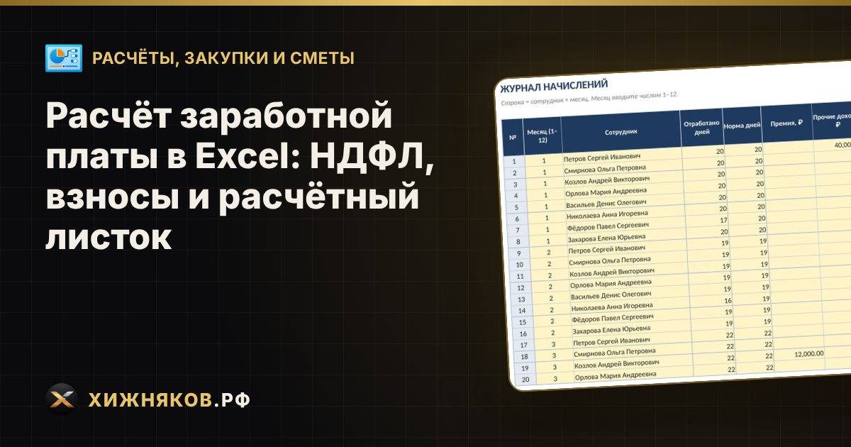 Расчёт заработной платы в Excel: НДФЛ, взносы и расчётный листок